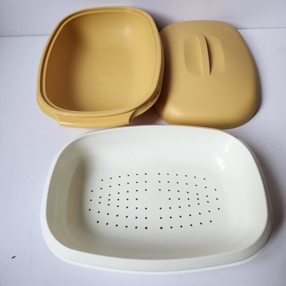 Tupperware Harvest Gold Microwave Vegetable Rice Steamer Strainer 1273 1274 1275 - Picture 1 of 8